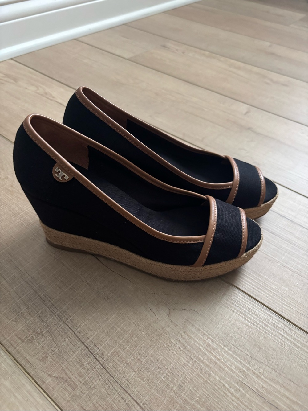 Tory Burch Majorca Black Canvas and Brown Leather Peep Toe Wedge Espadrille